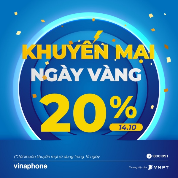Vinaphone khuyến mãi 20% giá trị thẻ nạp ngày vàng 14/10/2022