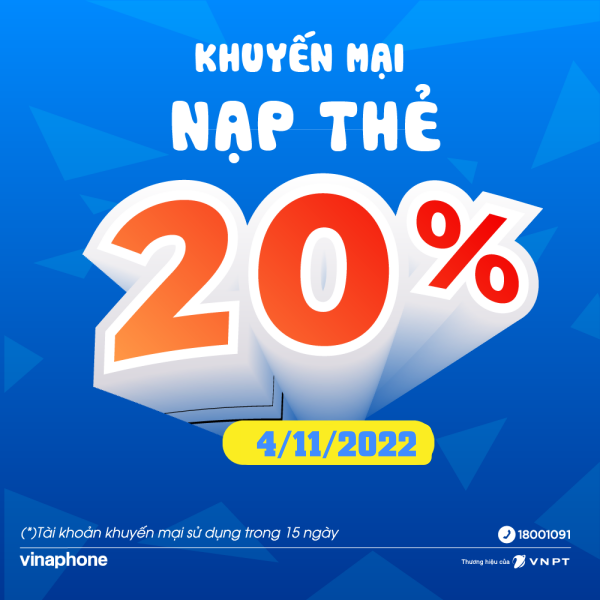 VinaPhone tặng 20% giá trị thẻ nạp ngày 4/11/2022