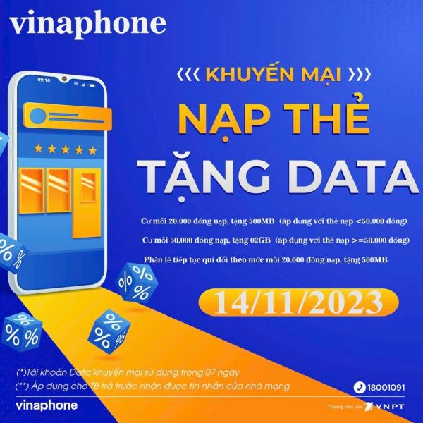 Vinaphone khuyến mãi nạp thẻ tặng data duy nhất ngày 14/11/2023