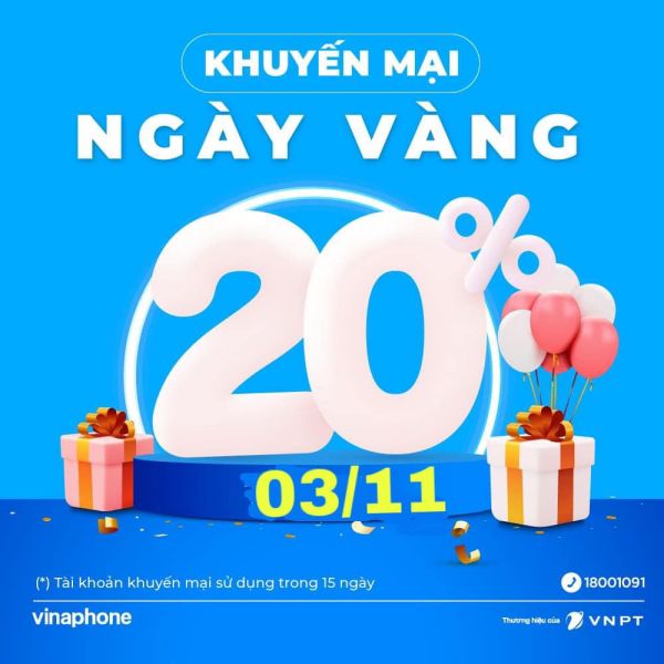 Vinaphone khuyến mãi tặng 20% giá trị thẻ nạp ngày 3/11/2023